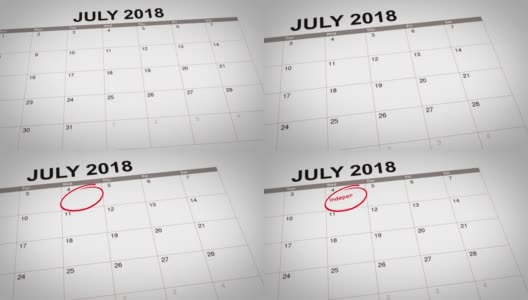 美国独立日的特写在2018年的日历上标记为7月4日高清在线视频素材下载