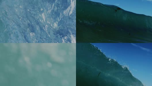 在加利福尼亚夏天的阳光下，在浅滩上，海浪打破了摄像机，强大而干净的海浪POV。慢动作在红龙上以300FPS的速度拍摄。高清在线视频素材下载
