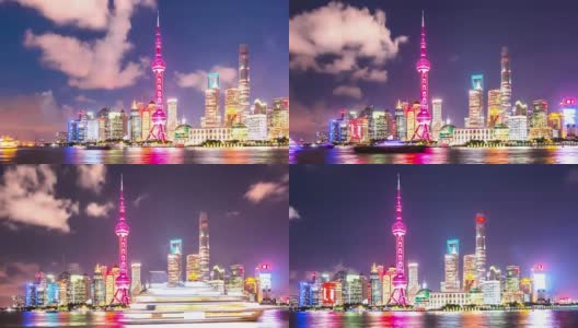 照亮东方明珠大厦及上海的现代建筑。间隔拍摄高清在线视频素材下载