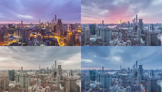 现代城市景观，上海的天际线从夜晚到白天，时光流逝。高清在线视频素材下载
