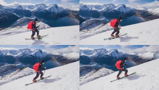 滑雪者爬上山，背景是挪威峡湾高清在线视频素材下载