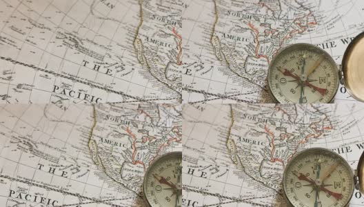 古董地图上的金色指南针高清在线视频素材下载