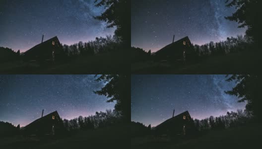 童话般的夜空，在原始森林的小木屋上，银河星系的数百万颗星星。天文学高清在线视频素材下载