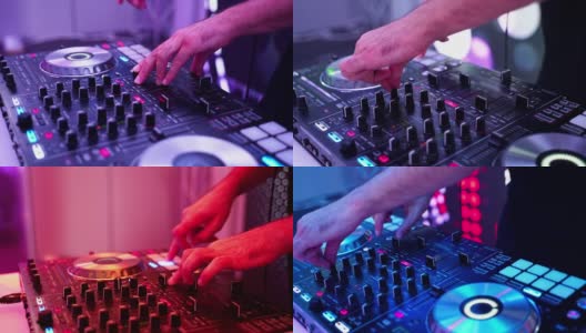 特写的DJ的双手扭动着，按下DJ遥控器上不同的按钮，颜色和轻音乐在俱乐部里。DJ派对。霓虹灯和运动的框架高清在线视频素材下载