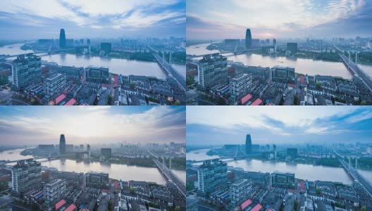 黎明时分，宁波河堤上的天际线和建筑物，时光流逝。高清在线视频素材下载