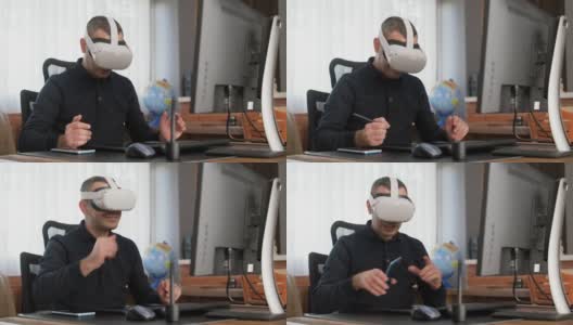 戴着VR头盔的商人签数字合同高清在线视频素材下载
