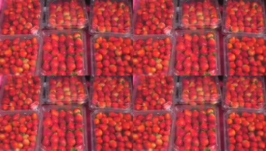 水果市场柜台上装满新鲜成熟草莓的塑料盒高清在线视频素材下载