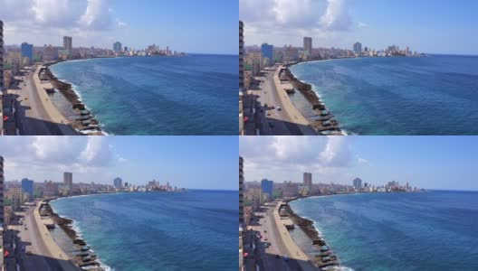风景优美的El Malecon哈瓦那天际线全景，沿着哈瓦那海岸延伸8公里的地标性广场，经过主要城市旅游景点高清在线视频素材下载