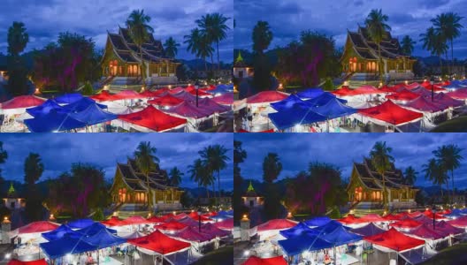 老挝琅勃拉邦佛寺周围的夜市高清在线视频素材下载