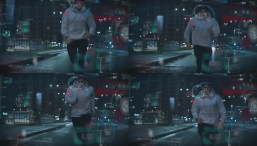 一名男子运动员利用最新的创新技术增强现实全息图在夜间市中心奋力奔跑的电影镜头。运动的概念，沉浸式技术，决心高清在线视频素材下载