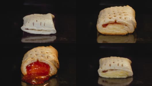 时间推移-红草莓酱面包在电烤箱烘烤:近距离高清在线视频素材下载