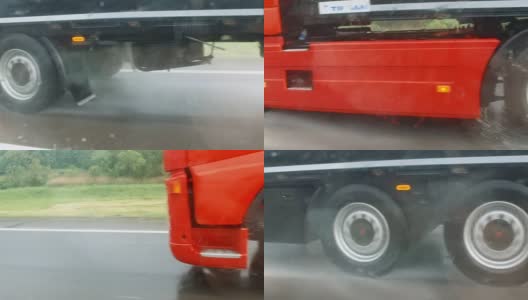 在高速公路上旅行时想到了危险的雷雨，卡车的车轮高清在线视频素材下载