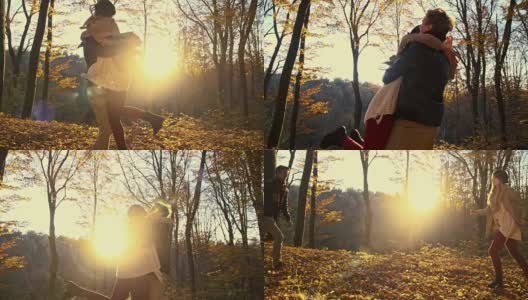SLO MO深情情侣拥抱在秋天的森林高清在线视频素材下载