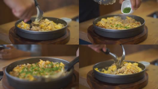 猪肉蛋炒饭，亚洲的传统食物高清在线视频素材下载