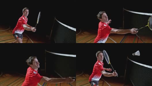 SLO MO男子羽毛球运动员穿着红色的衬衫打羽毛球高清在线视频素材下载