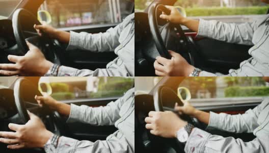 在车里，司机的手放在方向盘上高清在线视频素材下载