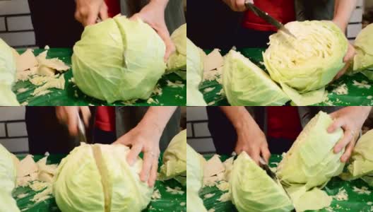 用刀切的卷心菜，用来做沙拉高清在线视频素材下载