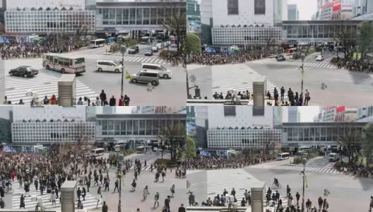 4K时光流逝:日本东京涉谷十字路口的人群和行人高清在线视频素材下载