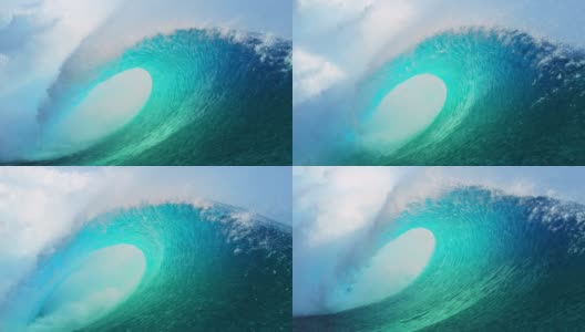 慢动作:强劲的桶状波浪拍打着塔希提岛海岸周围的海水。高清在线视频素材下载