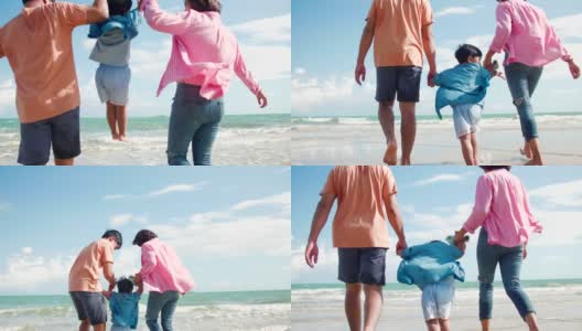 快乐的亚洲家庭在沙滩上奔跑高清在线视频素材下载