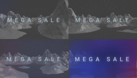 动画mega sale文本在蓝色over灰色数字景观与色彩的闪光高清在线视频素材下载