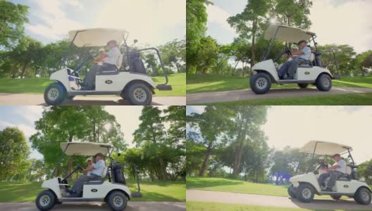 在夏日阳光明媚的高尔夫球场上驾驶高尔夫球车的亚洲老人的4K集团高清在线视频素材下载