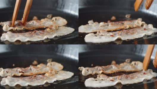 英国早餐用的培根片，用热蒸汽煎。高清在线视频素材下载