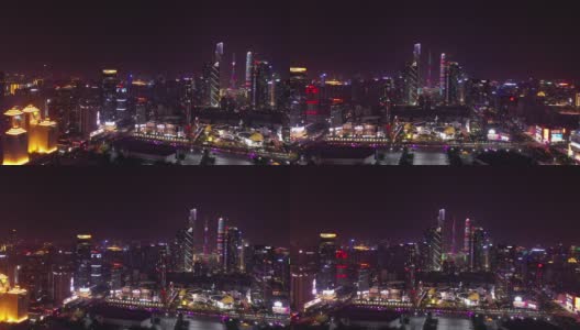 夜景时间照亮广州市市中心著名商场、交通街道航拍全景4k中国高清在线视频素材下载