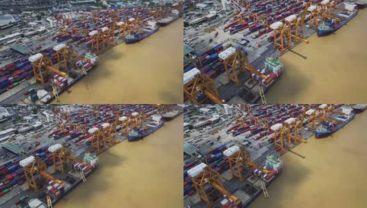 集装箱船进出口、商务物流、货物到港鸟瞰图高清在线视频素材下载
