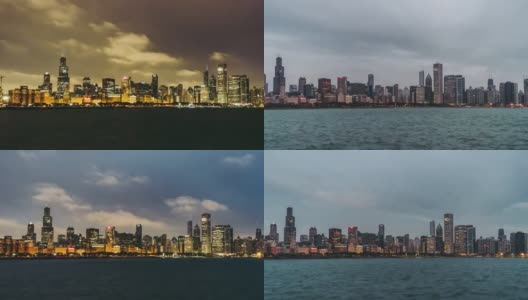 T/L WS PAN全景图芝加哥黎明，黑夜到白天过渡/伊利诺斯州，美国高清在线视频素材下载