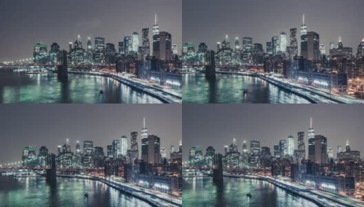 T/L PAN Downtown Manhattan and Traffic at Night /纽约，美国高清在线视频素材下载