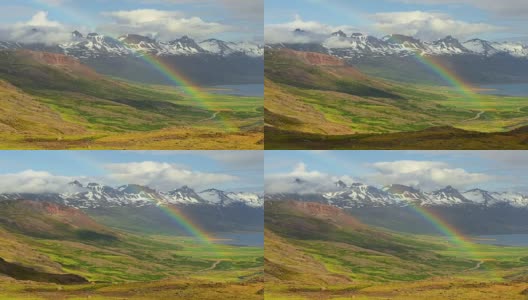 冰岛山脉冰川上方的彩虹美景。夏天的早晨。欧洲高清在线视频素材下载