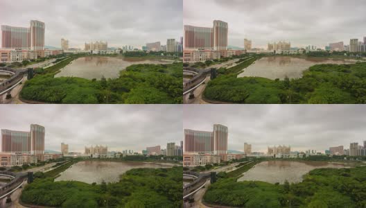 中国天光澳门城著名酒店街区池塘全景4k时间推移高清在线视频素材下载