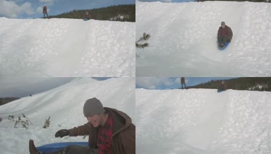 一个年轻人从雪山上滑下来的慢动作镜头。然后他在空中短暂飞行，然后突然着陆高清在线视频素材下载