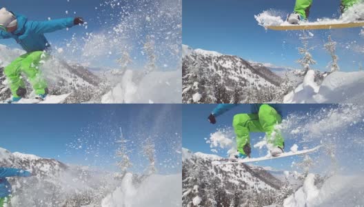 近景:滑雪者在空中跳跃，身后留下一段新雪的痕迹。高清在线视频素材下载