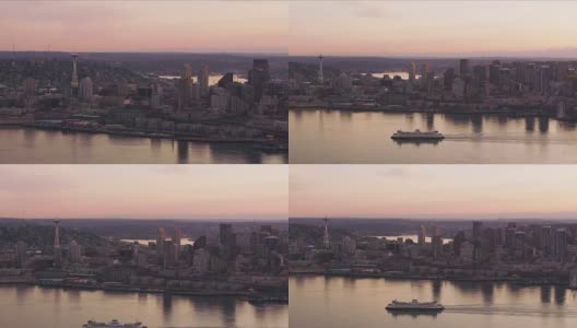日出时西雅图和渡轮的鸟瞰图。高清在线视频素材下载