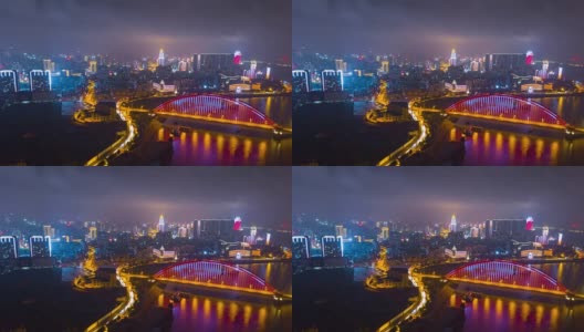 中国夜景时间照亮武汉城市景观青川大桥汉水河航拍全景4k时间流逝高清在线视频素材下载