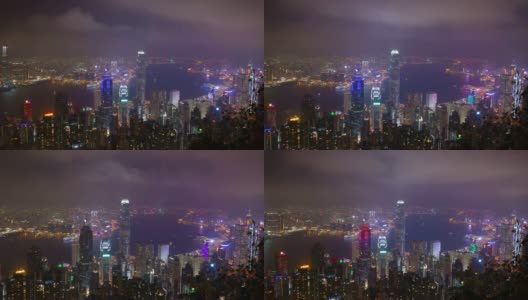 夜晚照亮香港城市景观山顶视角全景4k时间推移高清在线视频素材下载