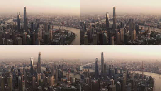 黄昏时上海城市天际线鸟瞰图高清在线视频素材下载