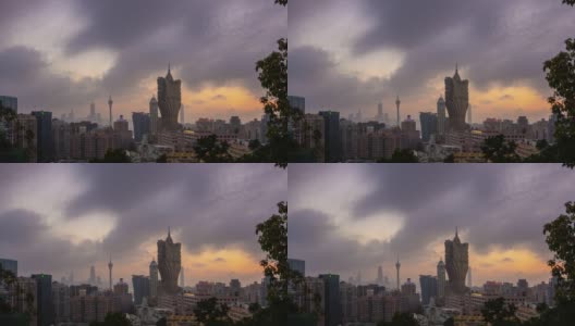 日落时间照明公园顶部澳门城市市中心视图全景时间间隔4k中国高清在线视频素材下载