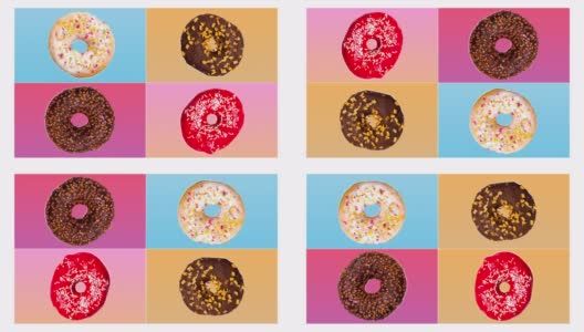 4套甜甜圈甜品，甜甜圈卡通流行艺术风格。Posterized彩色插图半色调模式。复古怀旧的设计。无缝循环。抽象的彩色动画高清在线视频素材下载