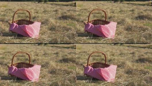 野餐篮和红色格子布在农民的田里高清在线视频素材下载