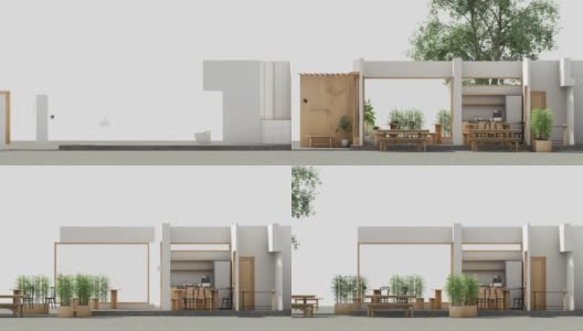 咖啡厅简约风格采用木质材料和逐渐白色的色调。由动画制作，包含一个柜台咖啡机，家具和大窗户。3d渲染动画循环立面高清在线视频素材下载