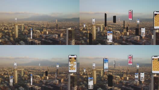 连接天线的城市。社交媒体上发布了一些视频和图片。移动技术概念，增强现实，物联网。未来的城市。高清在线视频素材下载