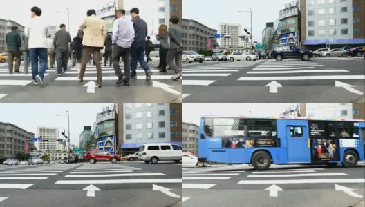 在韩国首尔，人们穿过人行道高清在线视频素材下载