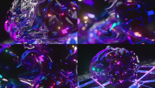 未来的概念。玻璃大脑从一个透明的壳中浮现出来。蓝粉色霓虹灯。三维动画高清在线视频素材下载