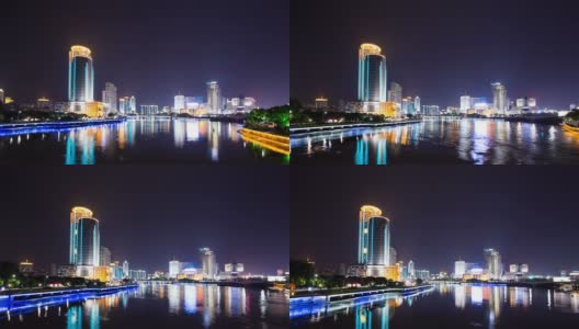 夜晚的江边，宁波的天际线和灯火通明的建筑物。超级失效。高清在线视频素材下载