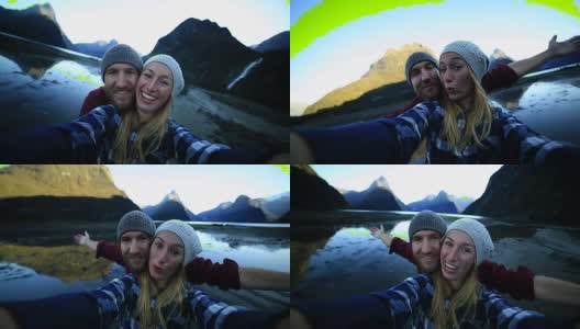 一对年轻夫妇在新西兰米尔福德湾自拍高清在线视频素材下载