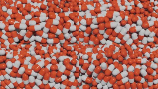 3D渲染接近红色和白色药丸在传送带上移动。制药工厂的概念高清在线视频素材下载