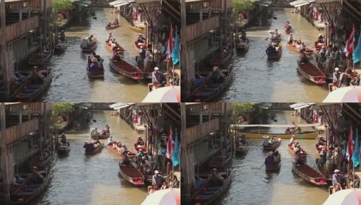 在Damnoen Saduak水上市场，木船忙着运送人高清在线视频素材下载